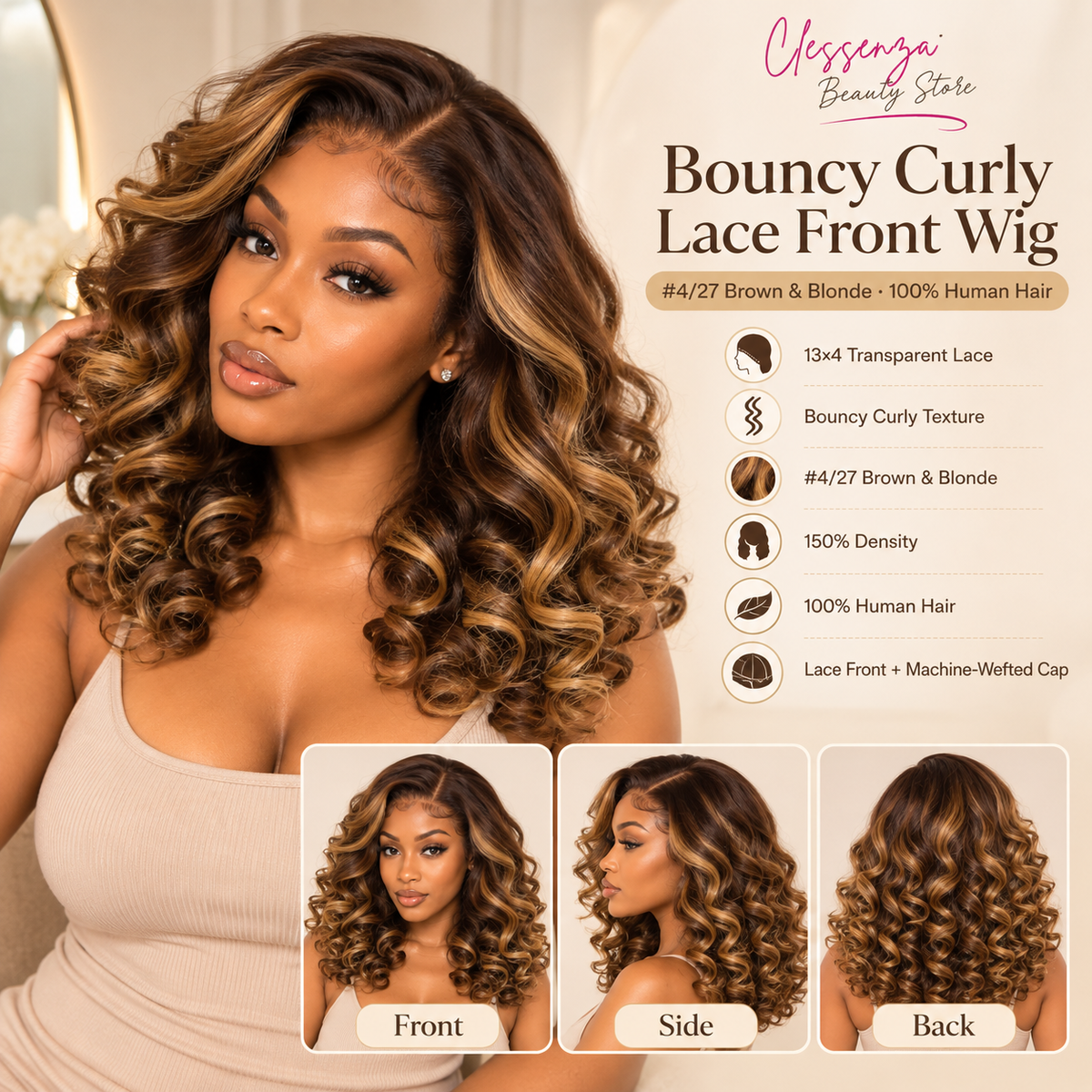 13×4 Lace Front Human Hair Wig – 16″ Bouncy Curly – #4/27 Brown & Blonde – 150% Density Clessenza Beauty Store