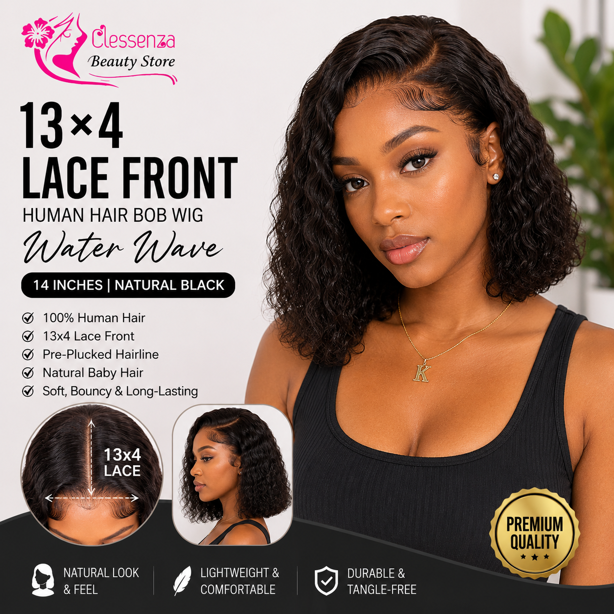 13×4 Lace Front Human Hair Bob Wig – Natural Black Water Wave 14″ Clessenza Beauty Store
