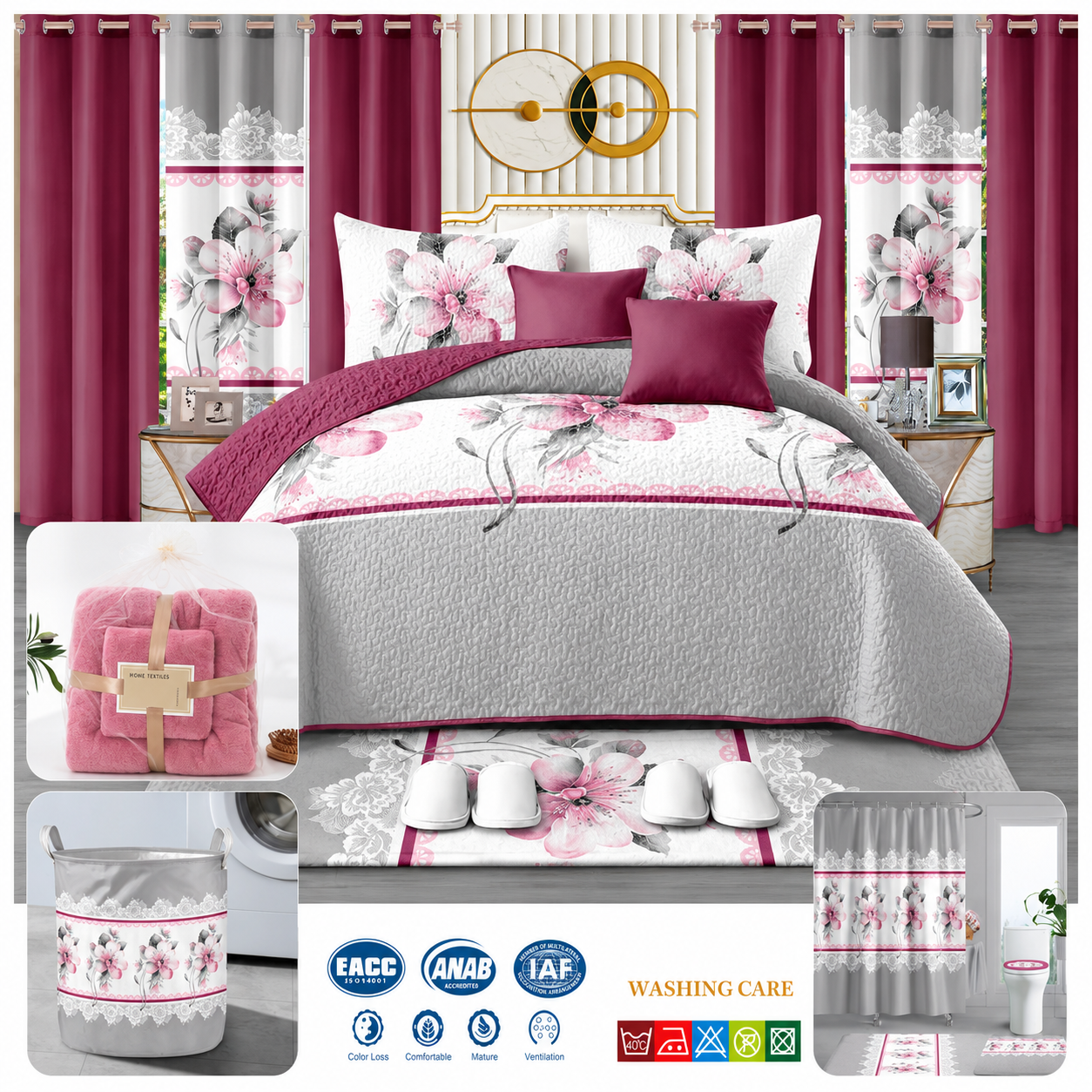 24-piece king size luxury bedding set featuring a grey and rose pink floral comforter, matching curtains, decorative cushions, shower curtain, bathroom mats, towels, slippers, laundry basket, and coordinated bathroom accessories.