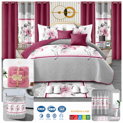 24-piece king size luxury bedding set featuring a grey and rose pink floral comforter, matching curtains, decorative cushions, shower curtain, bathroom mats, towels, slippers, laundry basket, and coordinated bathroom accessories.