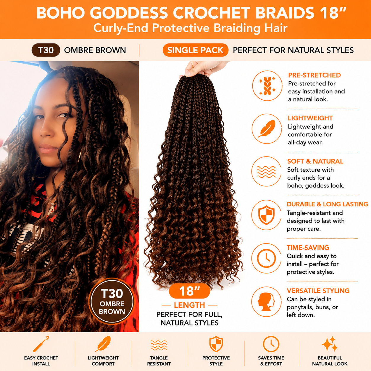 Tresses Crochet Boho Goddess 18 po – Cheveux de Tressage Protecteur à Pointes Bouclées, Couleur #T30 Ombré Brun