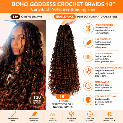 Tresses Crochet Boho Goddess 18 po – Cheveux de Tressage Protecteur à Pointes Bouclées, Couleur #T30 Ombré Brun