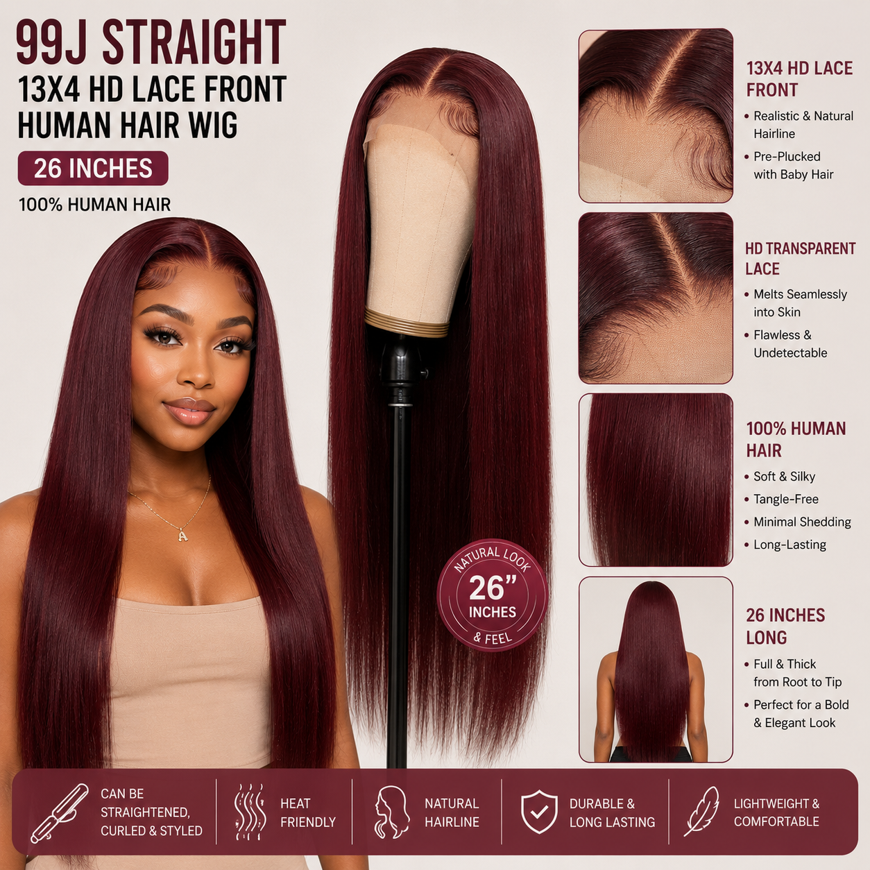 99J Straight 13x4 HD Lace Front Human Hair Wig – 26 Inches