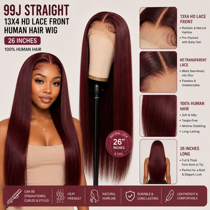99J Straight 13x4 HD Lace Front Human Hair Wig – 26 Inches
