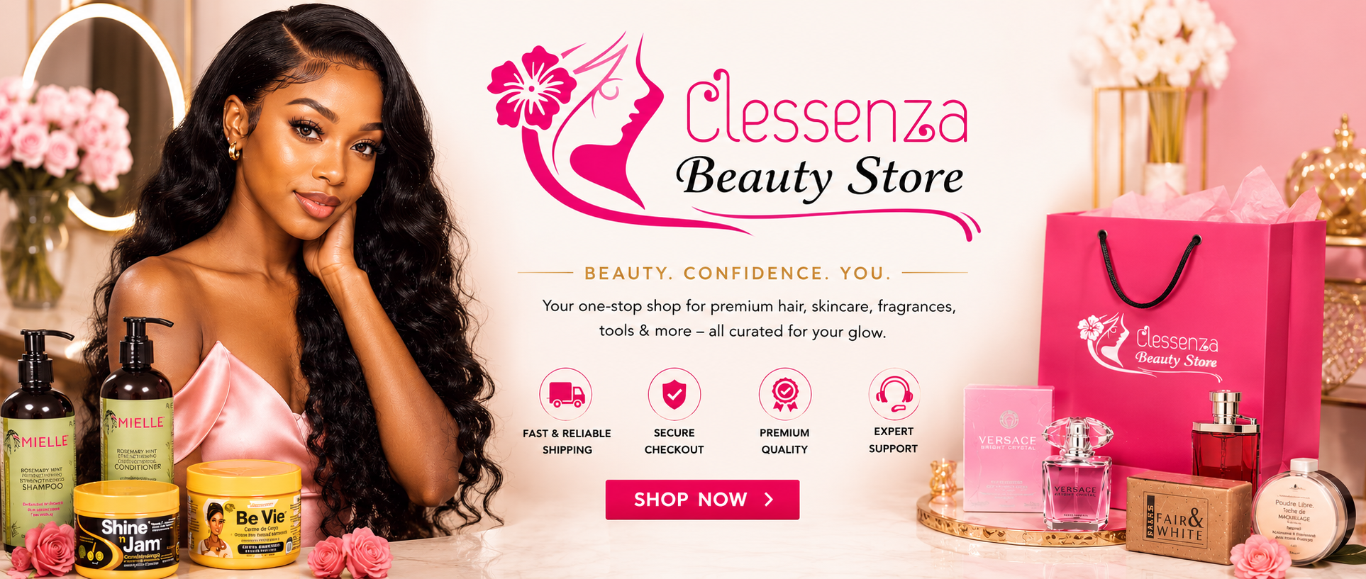 Advertisement for Clessenza Beauty Store featuring a woman with long hair and beauty products.