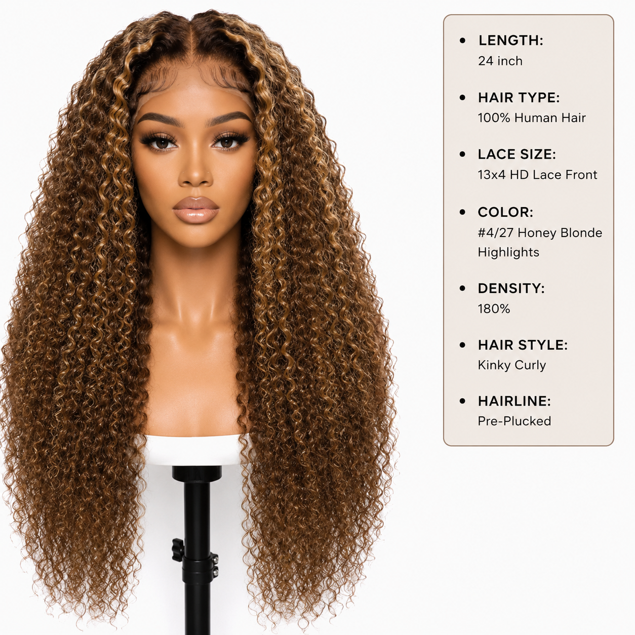24″ Kinky Curly HD Lace Front Human Hair Wig – 13×4 Lace, #4/27 Honey Blonde Highlights, 180% Density Clessenza Beauty Store