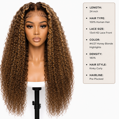 24″ Kinky Curly HD Lace Front Human Hair Wig – 13×4 Lace, #4/27 Honey Blonde Highlights, 180% Density Clessenza Beauty Store