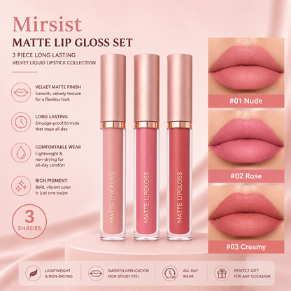 Ensemble de Rouges à Lèvres Liquides Mats Mirsist – Collection Velours Longue Tenue 3 Pièces