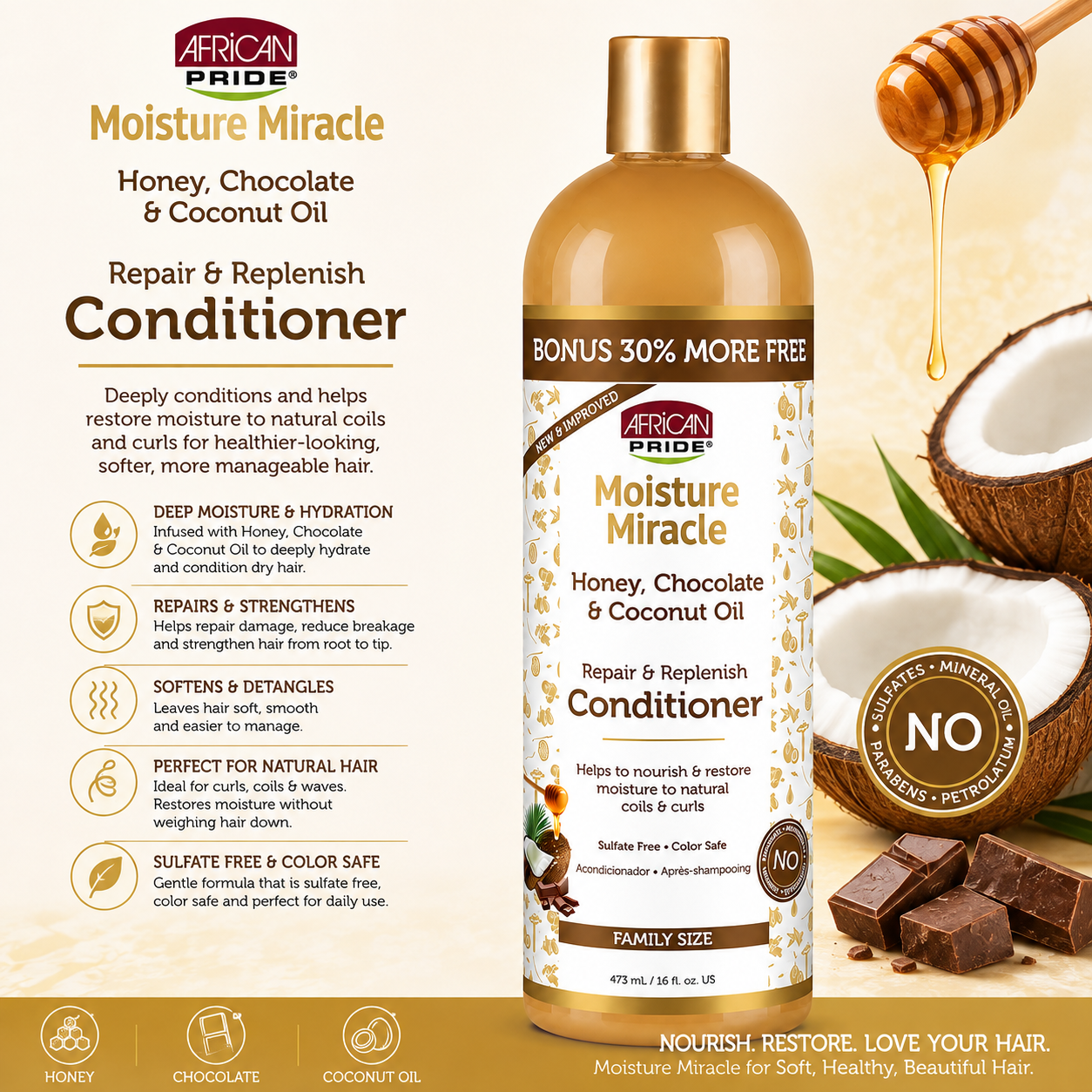 African Pride – Moisture Miracle Honey, Chocolate & Coconut Oil Repair & Replenish Conditioner, 16 fl oz African Pride