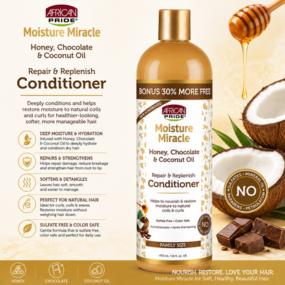 African Pride – Moisture Miracle Honey, Chocolate & Coconut Oil Repair & Replenish Conditioner, 16 fl oz African Pride