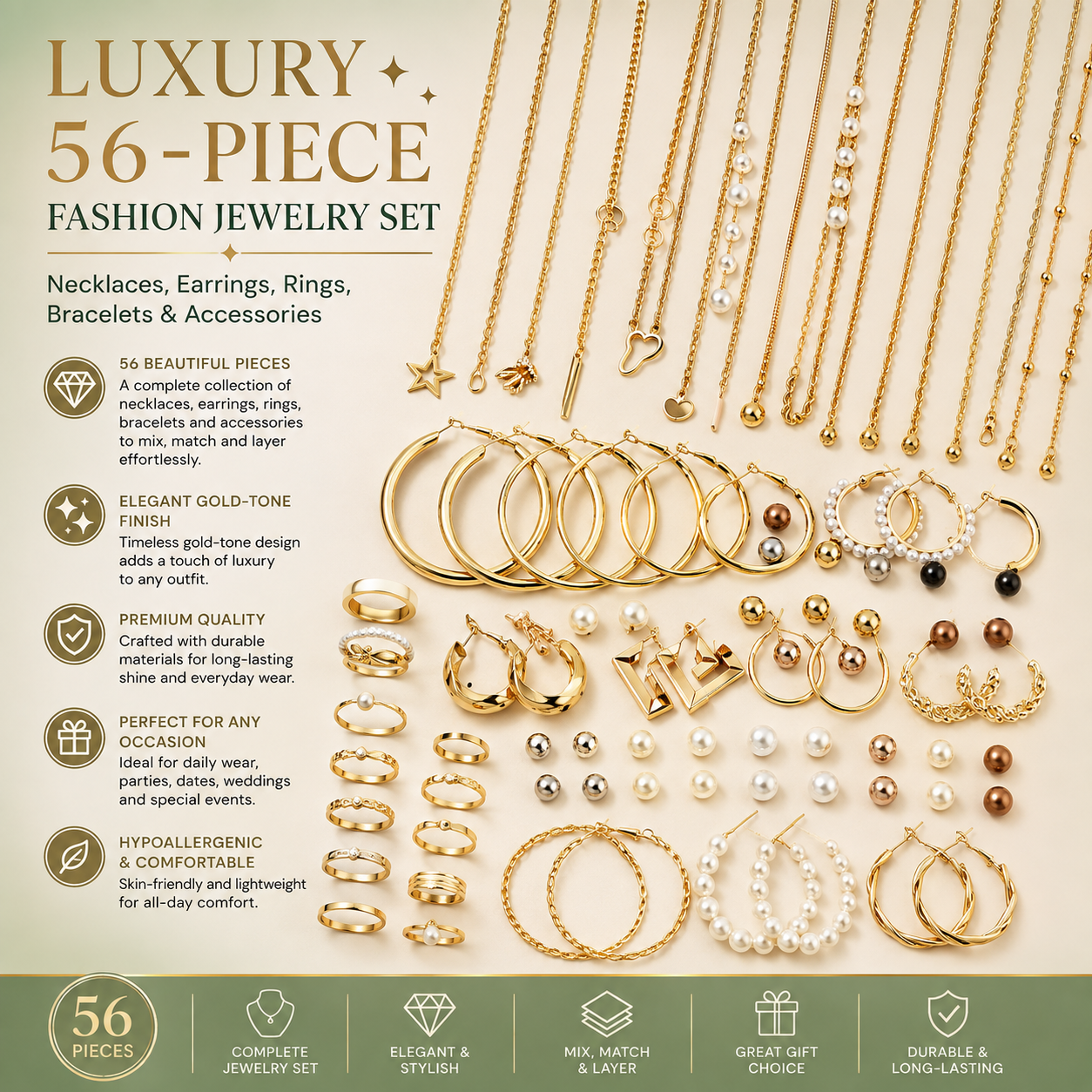 Luxury 56-Piece Fashion Jewelry Set – Gold-Tone Necklaces, Earrings, Rings, Bracelets & Accessories (No Gift Box) Clessenza Beauty Store
