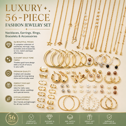 Luxury 56-Piece Fashion Jewelry Set – Gold-Tone Necklaces, Earrings, Rings, Bracelets & Accessories (No Gift Box) Clessenza Beauty Store