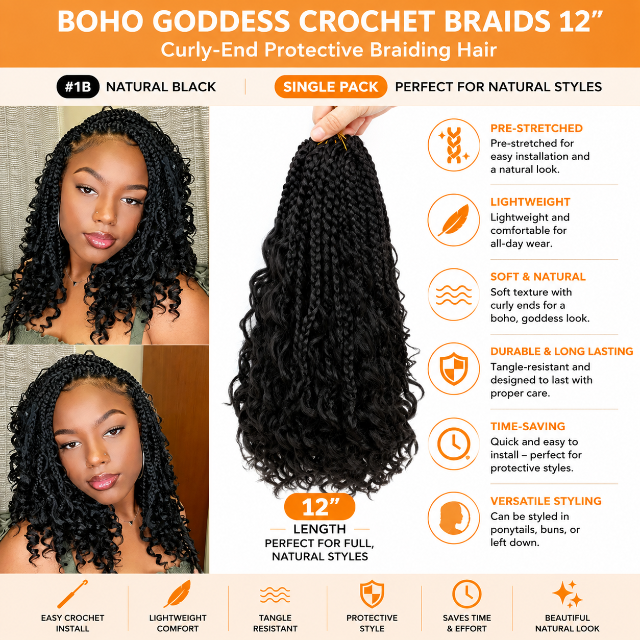 Boho Goddess Crochet Braids 12″ – Curly-End Protective Braiding Hair for Natural Hairstyles
