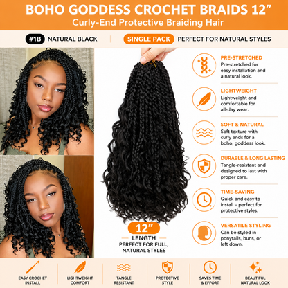 Boho Goddess Crochet Braids 12″ – Curly-End Protective Braiding Hair for Natural Hairstyles
