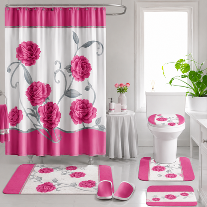 Ensemble de Literie Luxe Floral Rose 24 Pièces King avec Rideaux et Accessoires de Salle de Bain