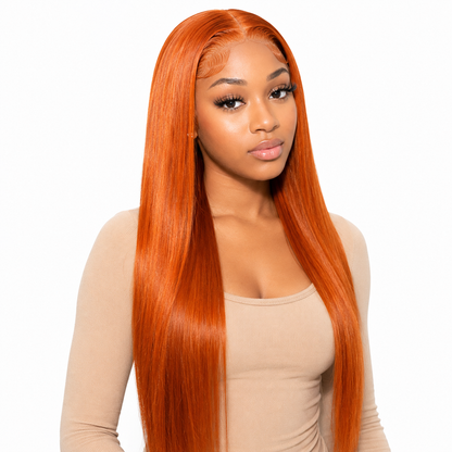 Perruque Lace Front 13x4 en Cheveux Humains Lisses – Couleur #350 Orange Gingembre, 26 po