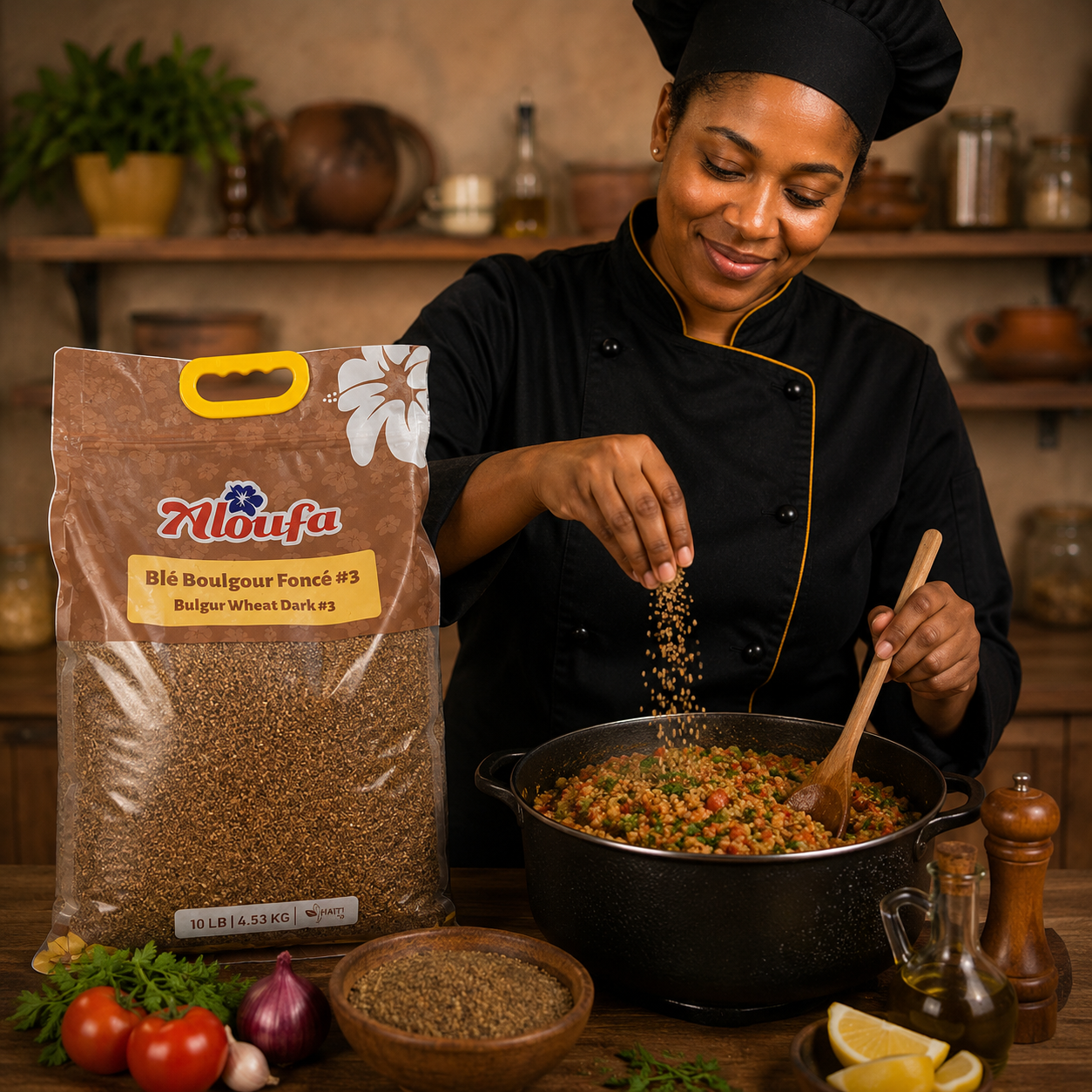 Person cooking with a bag of Aloufa bulgur wheat in a kitchen setting