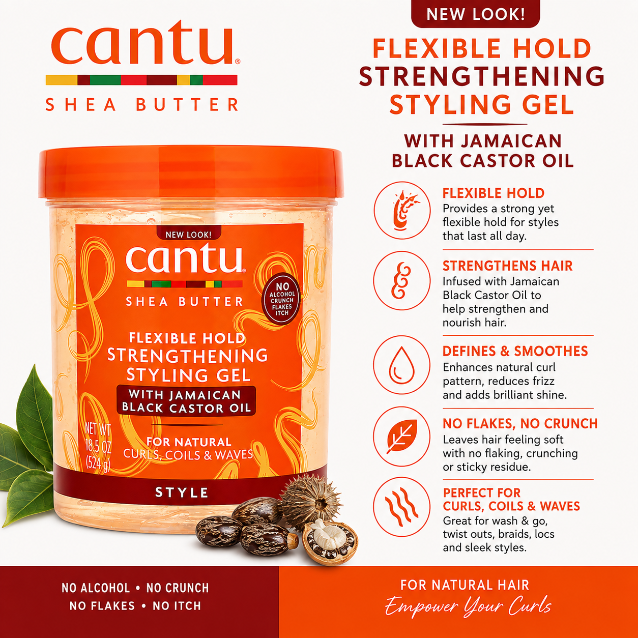 Cantu – Shea Butter Flexible Hold Strengthening Styling Gel with Jamaican Black Castor Oil, 18.5 Oz Cantu