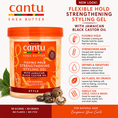 Cantu – Shea Butter Flexible Hold Strengthening Styling Gel with Jamaican Black Castor Oil, 18.5 Oz Cantu