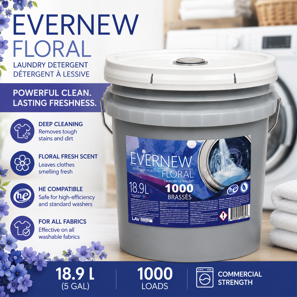Evernew Floral Laundry Detergent – 18.9L Commercial Liquid Laundry Soap (1000 Loads)