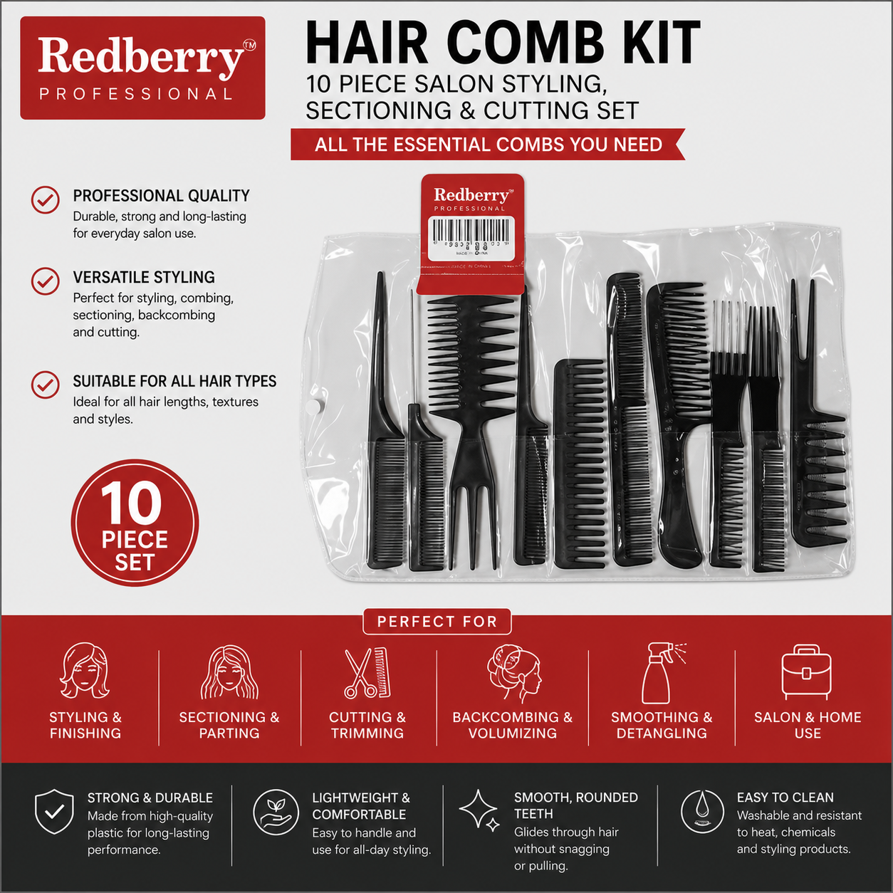 Redberry™ Trousse Professionnelle de Peignes de Coiffure – Ensemble de 10 Pièces pour Coupe, Séparation et Mise en Plis