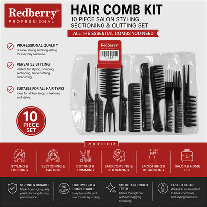 Redberry™ Trousse Professionnelle de Peignes de Coiffure – Ensemble de 10 Pièces pour Coupe, Séparation et Mise en Plis
