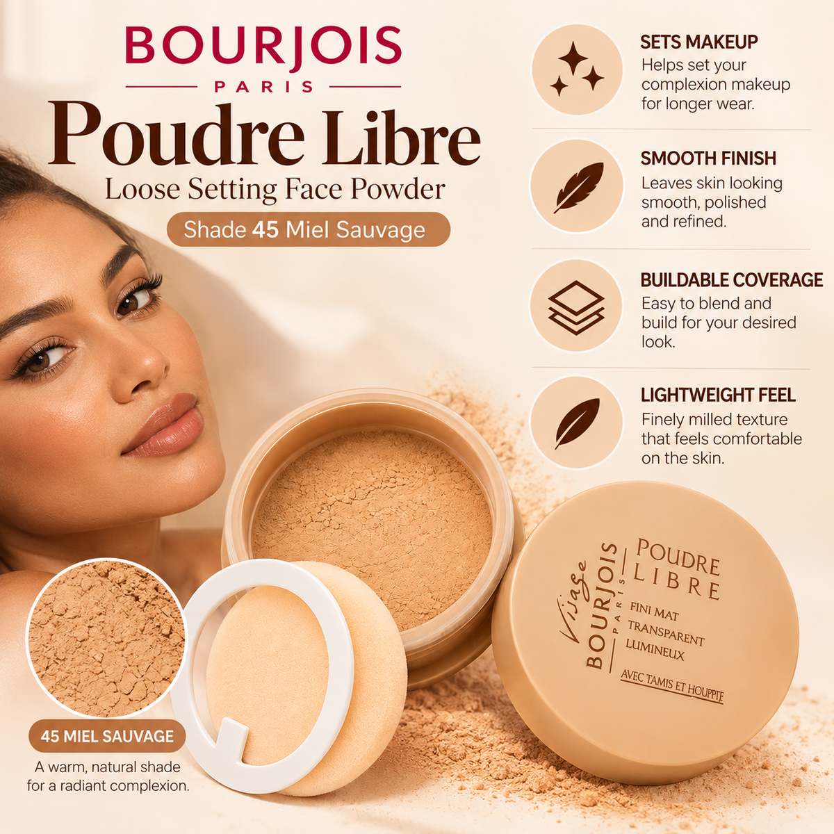 Bourjois Poudre Libre Loose Setting Face Powder – Shade 45 Miel Sauvage Bourjois Paris