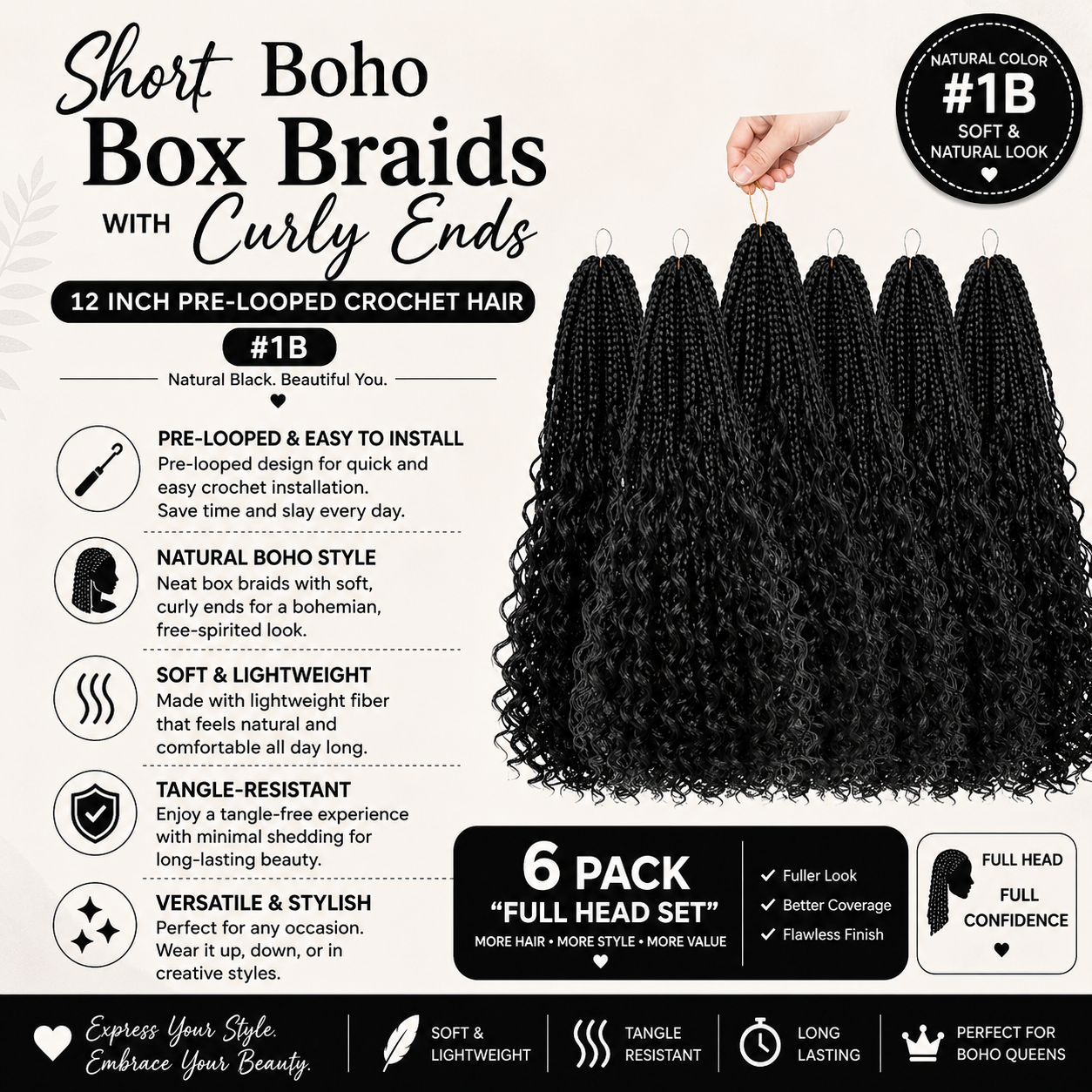 Short Boho Box Braids with Curly Ends – 12 Inch Pre-Looped Crochet Hair #1B 6-Pack “Full Head Set