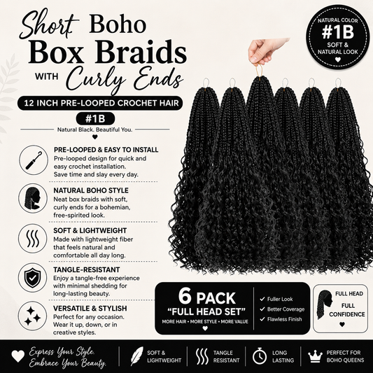 Short Boho Box Braids with Curly Ends – 12 Inch Pre-Looped Crochet Hair #1B 6-Pack “Full Head Set"