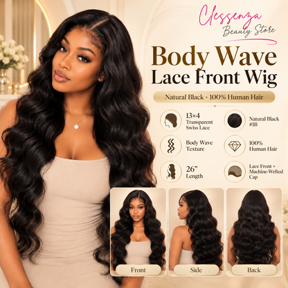 13×4 Lace Front Human Hair Wig – Body Wave 26″ Natural Black Clessenza Beauty Store