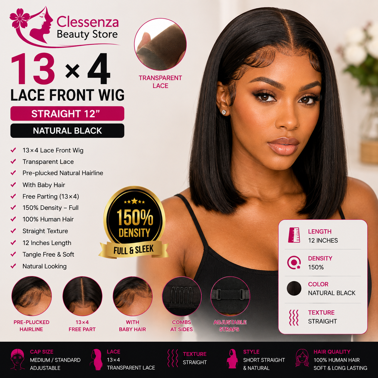13×4 Lace Front Human Hair Bob Wig – 12″ Straight – Natural Black – 150% Density Clessenza Beauty Store
