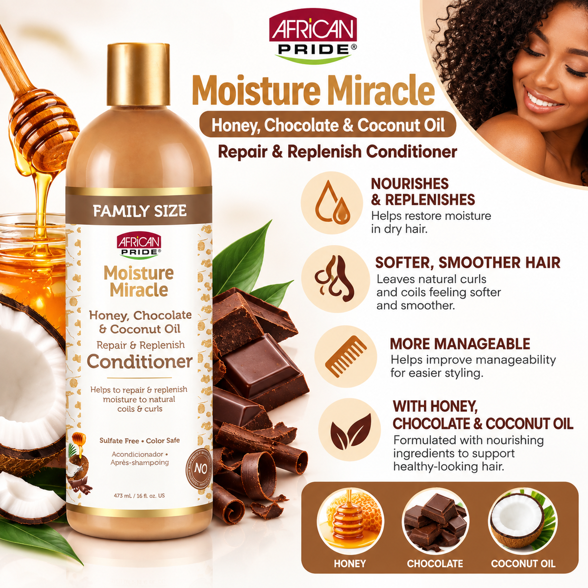 African Pride – Moisture Miracle Honey, Chocolate & Coconut Oil Repair & Replenish Conditioner, 16 fl oz African Pride