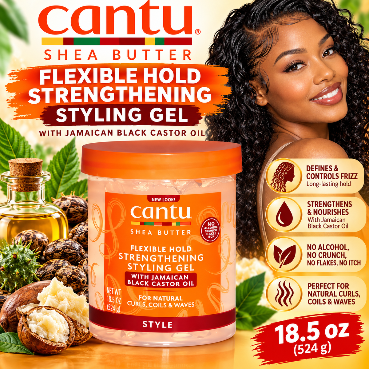 Cantu – Shea Butter Flexible Hold Strengthening Styling Gel with Jamaican Black Castor Oil, 18.5 Oz Cantu