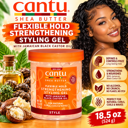 Cantu – Shea Butter Flexible Hold Strengthening Styling Gel with Jamaican Black Castor Oil, 18.5 Oz Cantu