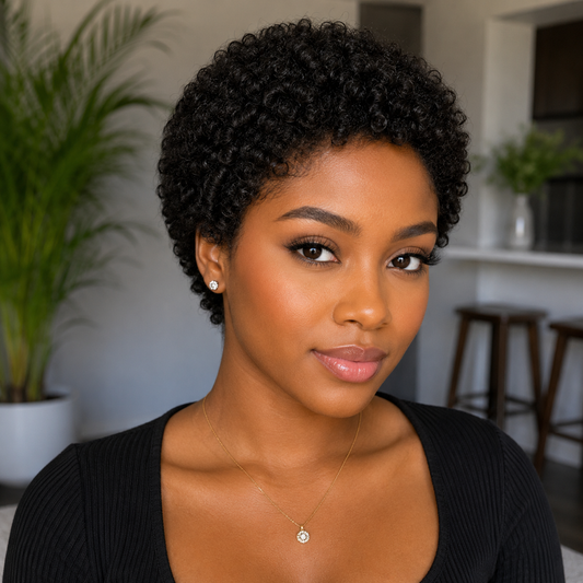 Luxury Afro Kinky Curly Human Hair Pixie Wig – 4″ Short Non-Lace Wig, Natural Black, 150% Density Clessenza Beauty Store