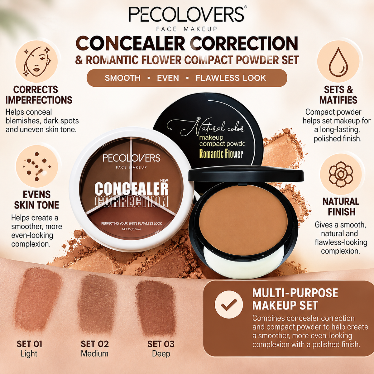 Pecolovers Concealer Correction & Romantic Flower Compact Powder Set Clessenza Beauty Store