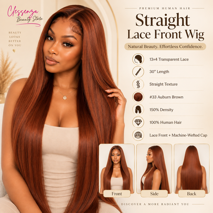 13×4 Lace Front Human Hair Wig – 30″ Straight – #33 Auburn Brown – 150% Density Clessenza Beauty Store