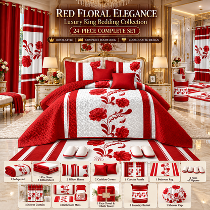 24-Piece Luxury Bedding Set with Matching Curtains & Bathroom Accessories – Red Floral Elegance Clessenza Beauty Store