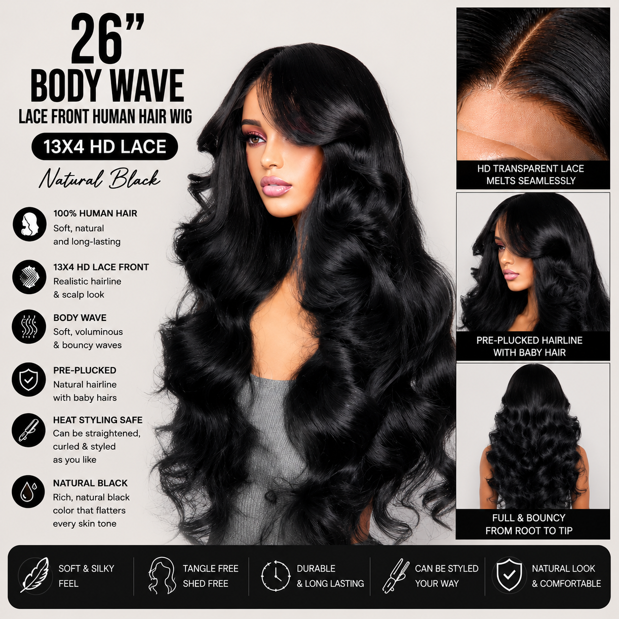 26" Body Wave Lace Front Human Hair Wig – 13x4 HD Lace