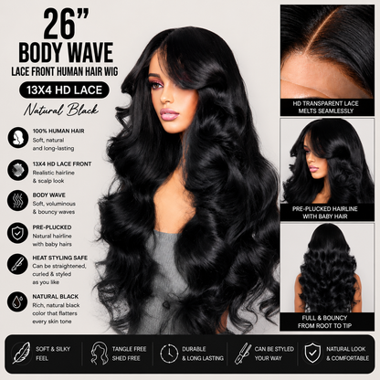 26" Body Wave Lace Front Human Hair Wig – 13x4 HD Lace