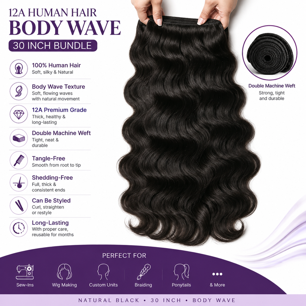 12A Human Hair Bundle – 30" Body Wave – Natural Black Clessenza Beauty Store