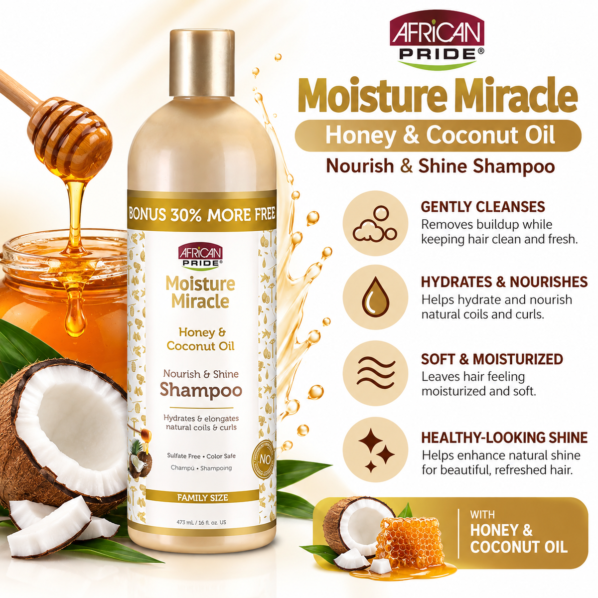 African Pride – Moisture Miracle Honey & Coconut Oil Nourish & Shine Shampoo, 16 fl oz African Pride