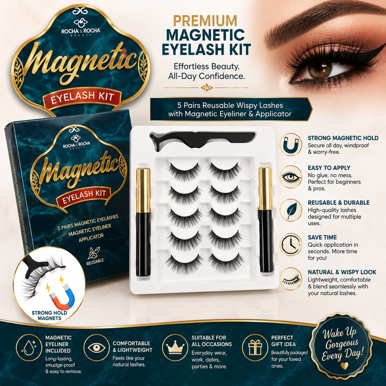 Premium Magnetic Eyelash Kit – 5 Pairs Reusable Wispy Lashes with Magnetic Eyeliner & Applicator Rich Sky