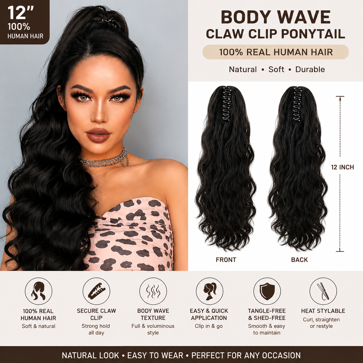 Extension Ponytail Body Wave à pince griffe en cheveux humains 100 % naturels