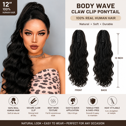 Extension Ponytail Body Wave à pince griffe en cheveux humains 100 % naturels