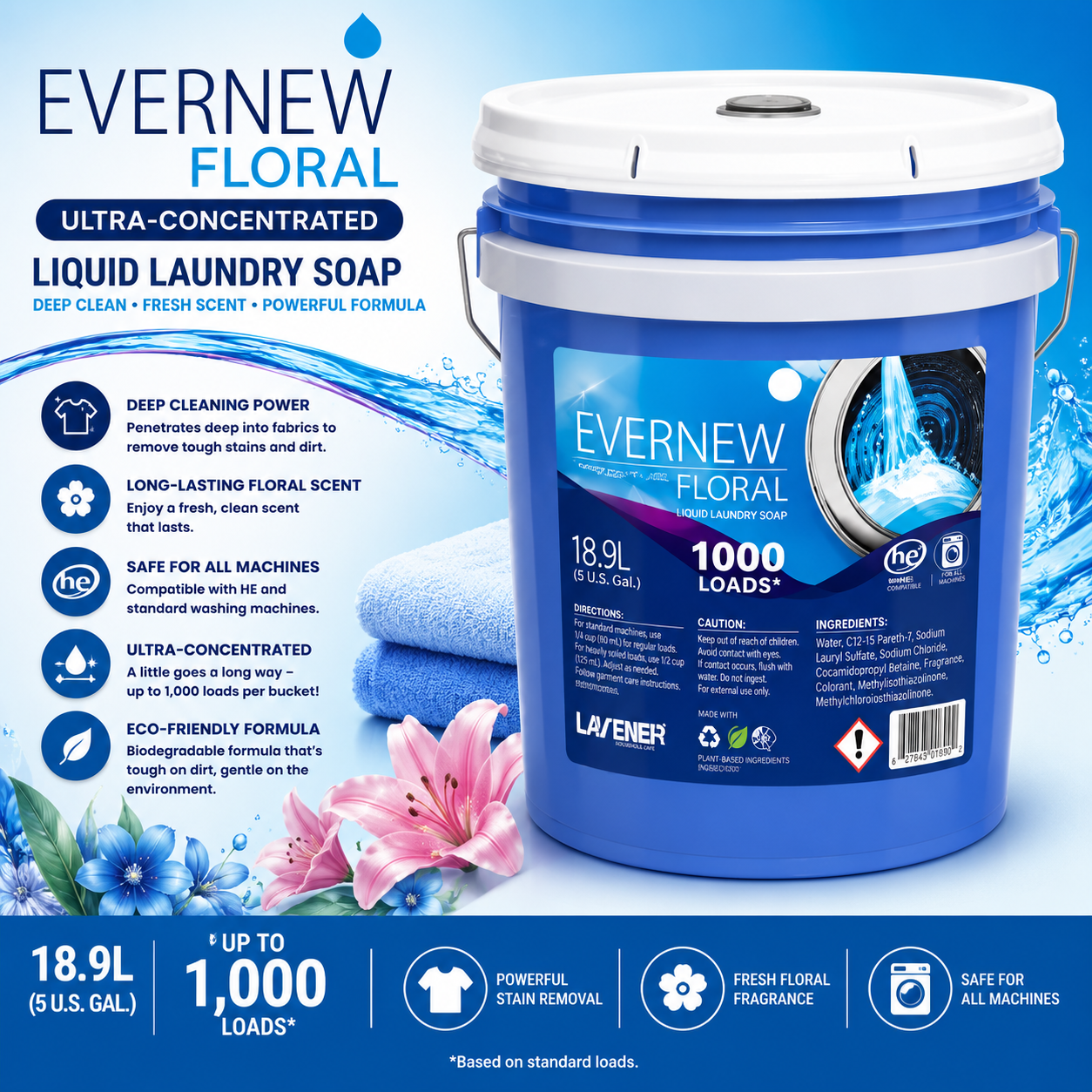 Evernew – Floral Laundry Detergent Ultra-Concentrated Liquid Laundry Soap, 18.9L (Up to 1,000 Loads)