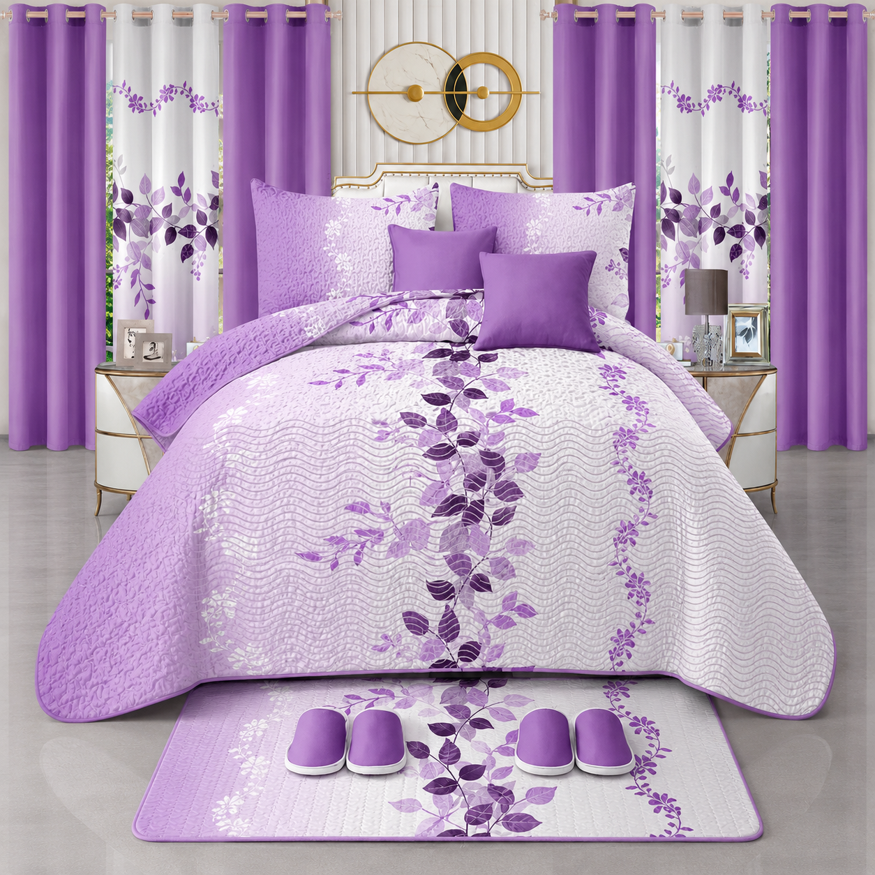 Ensemble de Literie Luxe Floral Violet 24 Pièces King avec Rideaux et Accessoires de Salle de Bain