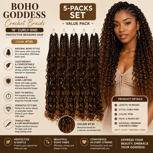 Tresses Crochet Boho Goddess 18 po – Cheveux de Protection à Pointes Bouclées #T30, Ensemble de 5 Paquets