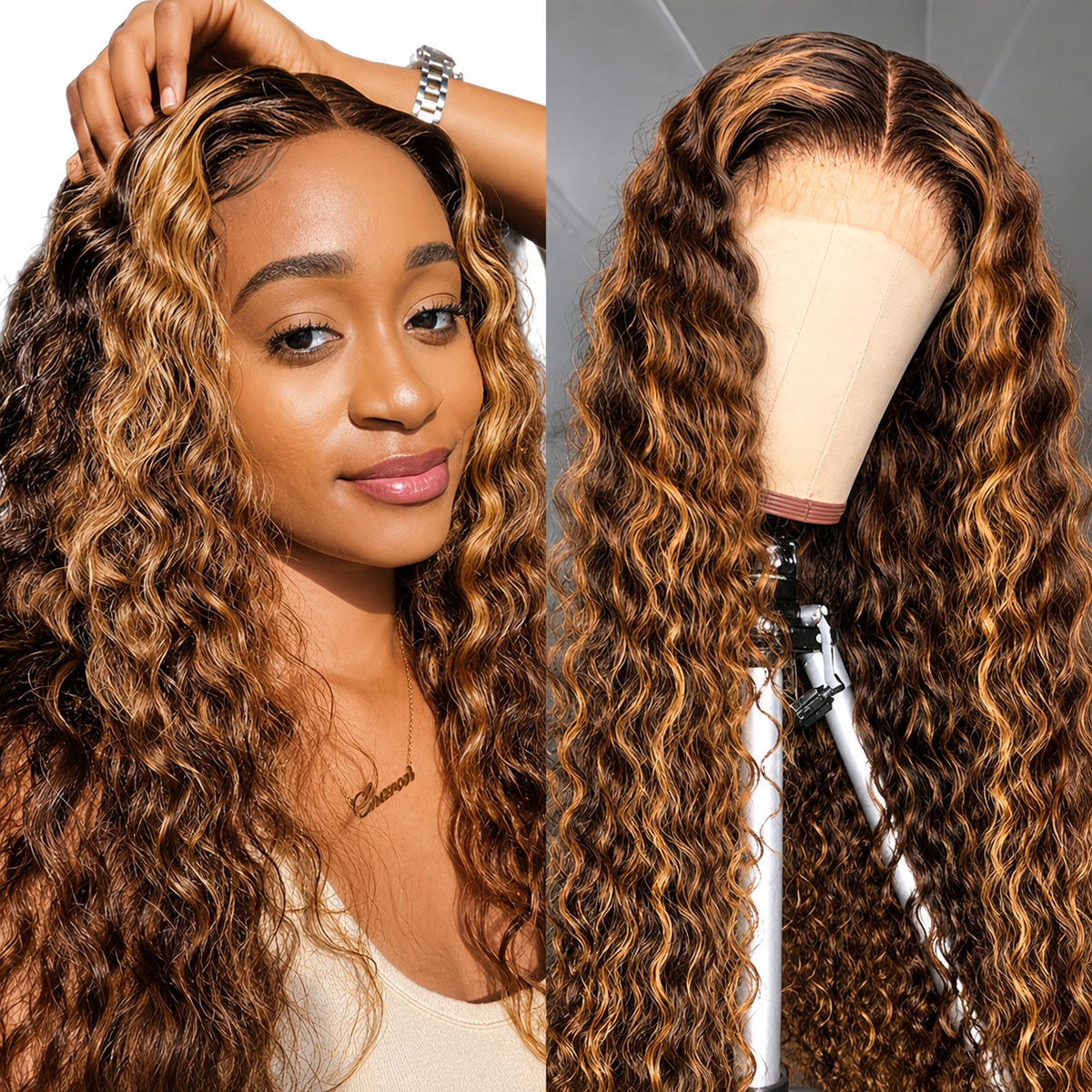 13×4 Lace Front Human Hair Wig – 24″ Water Wave – #4/27 – 180% Density Clessenza Beauty Store