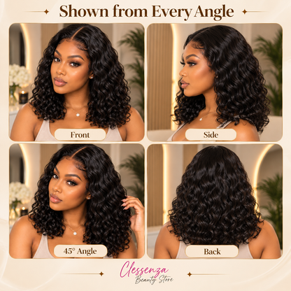 13×4 Lace Front Human Hair Bob Wig – Defined Water Wave 14″ – Natural Black Clessenza Beauty Store